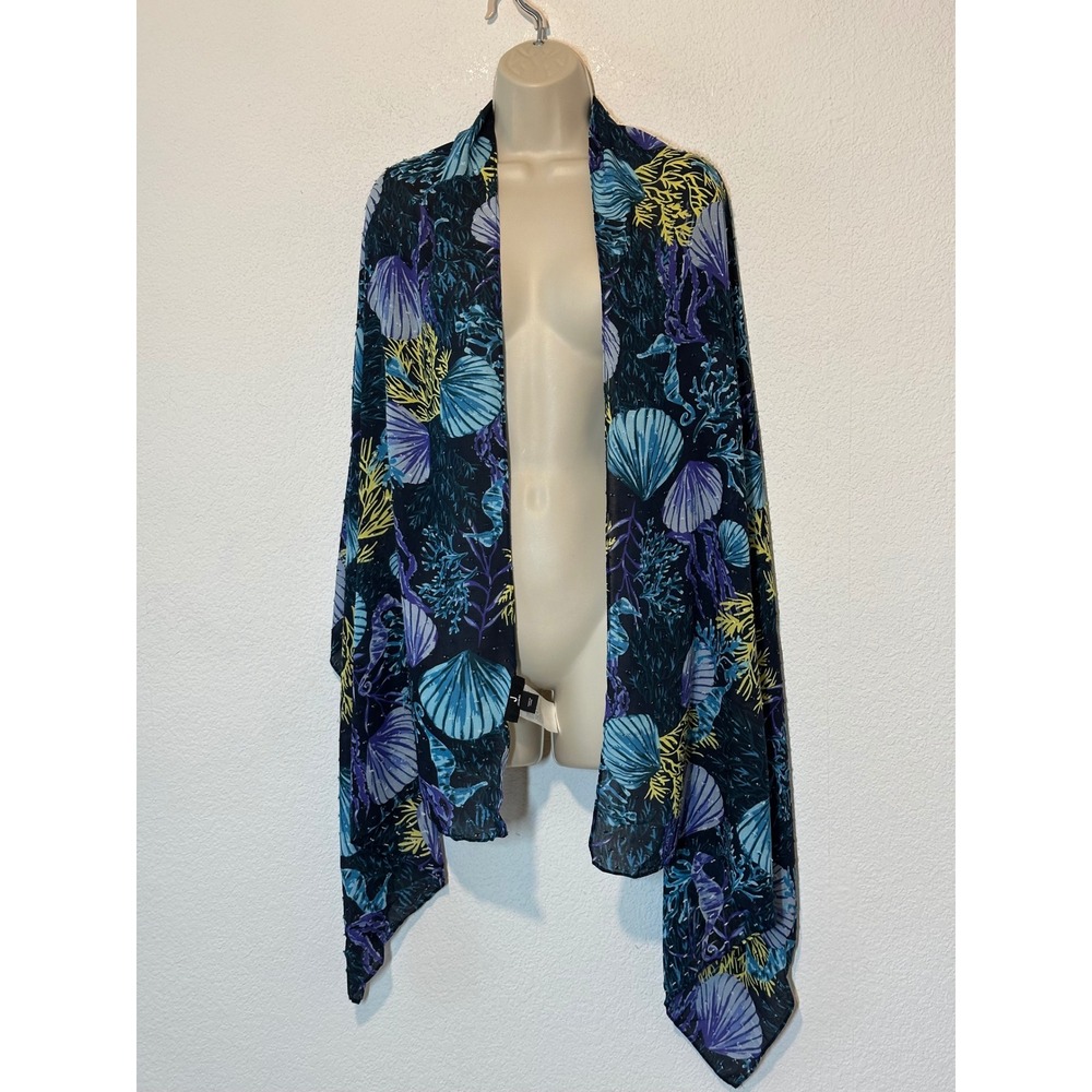 Jason Wu Navy Blue Seashell Seahorse Print Rayon Wrap Scarf Sarong